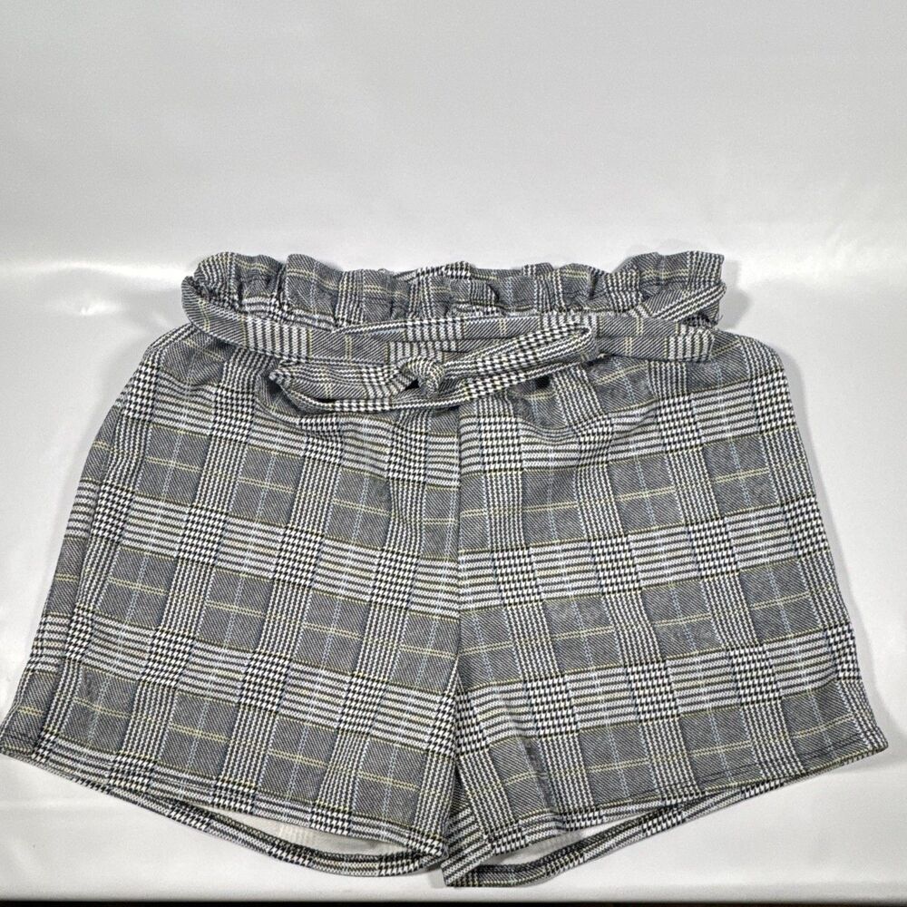 Rae Republic Women's Paperbag High Rise Plaid Tie Waist Elastic Shorts Gray S